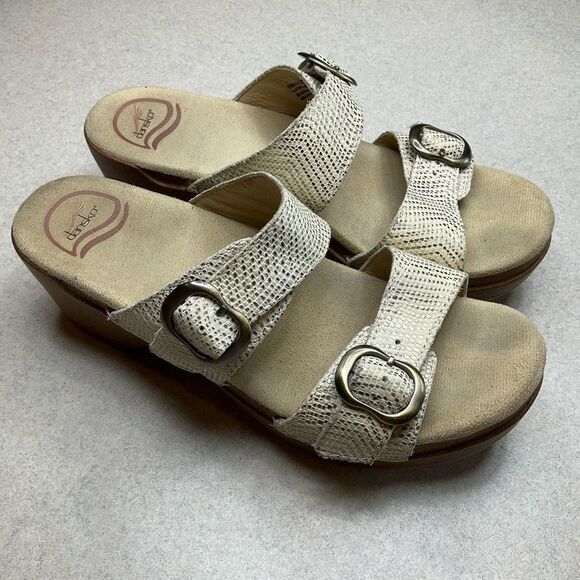 Dansko Sophie Sandal 38 White & Metallic Gold Snakeskin Slip On Open‎ Toe - Picture 3 of 9